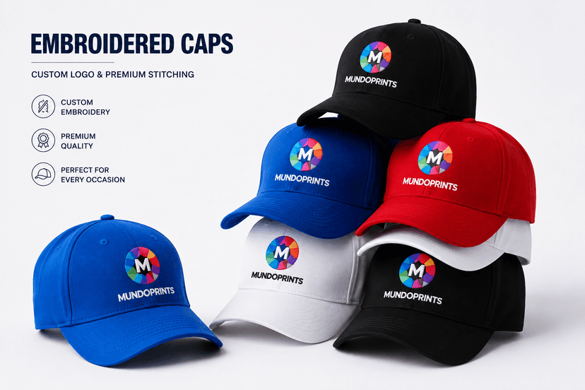 Custom embroidered caps in black, blue, red and white with a stitched multi-colour logo