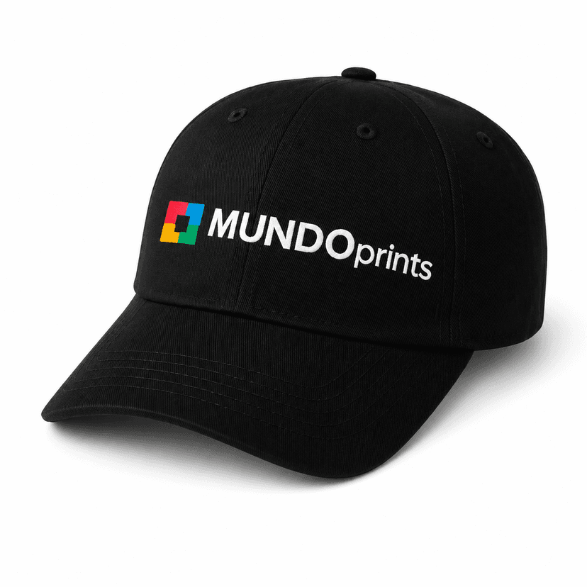 Black custom cap with a full-colour MundoPrints logo across the front panel