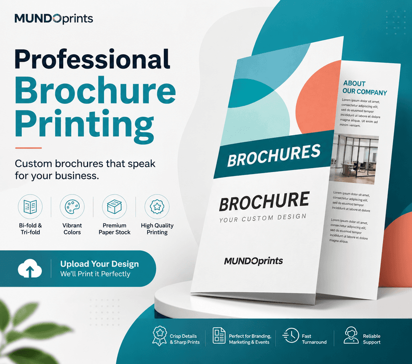 Folded printed brochure standing open on a display, with a company profile inside