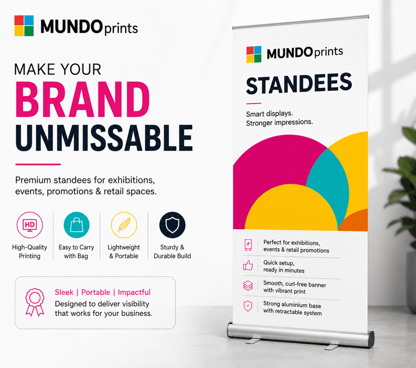 Roll-up standee with a printed banner on an aluminium base, set up in a shop