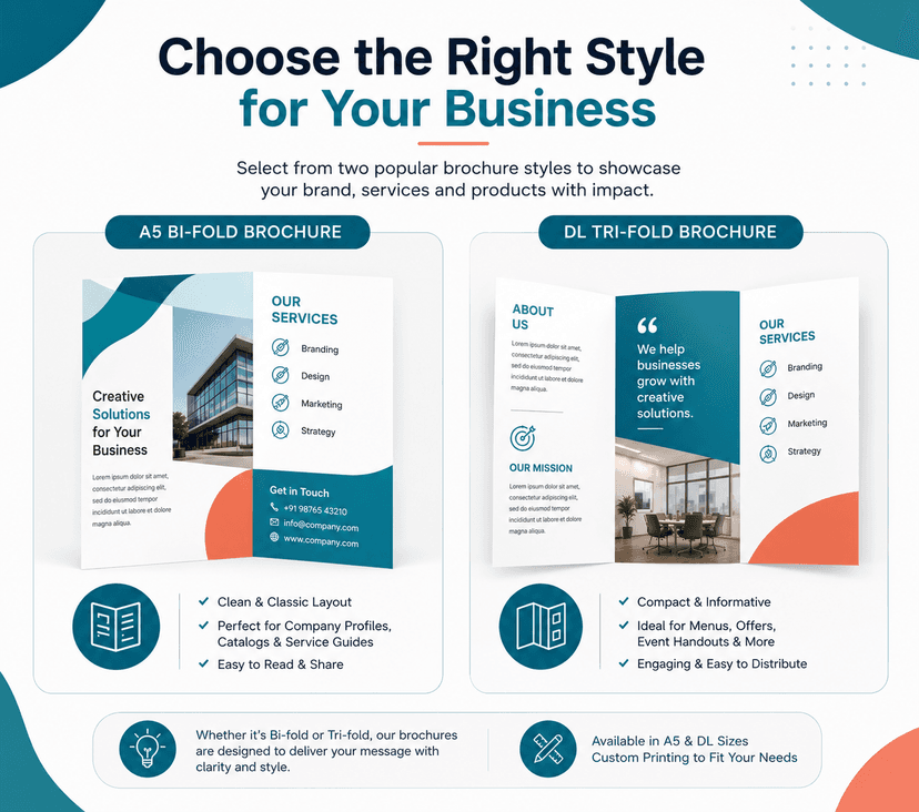 A5 bi-fold brochure and DL tri-fold brochure shown open side by side