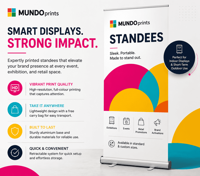 Roll-up standee features: full-colour print, carry bag, aluminium base and retractable banner